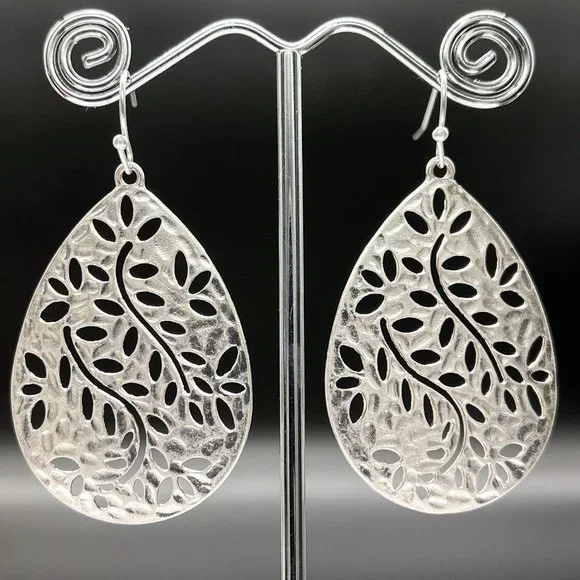 Silver Floral Vine Teardrop Earrings - Picture 5 of 5